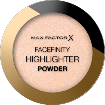 Okragły pudrowy rozświetlacz Max Factor Facefinity, odcień nude, w czarno-złotym opakowaniu, widok z góry.