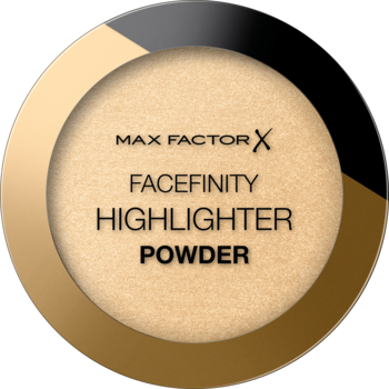 Max Factor Facefinity Highlighter Powder 02 Golden Hour, satynowy rozświetlacz w okrągłym złoto-czarnym kompakcie.