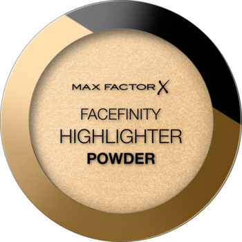 Max Factor Facefinity Highlighter Powder 02 Golden Hour, satynowy rozświetlacz w okrągłym złoto-czarnym kompakcie.