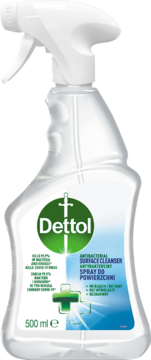 Biała butelka Dettol Antybakteryjny Spray do powierzchni Original, 500ml, ergonomiczny kształt, przód.