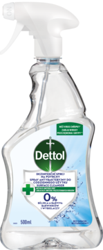 Dettol Antybakteryjny spray do powierzchni, 500ml, przezroczysta butelka, biały atomizer, 0% wybielacza.