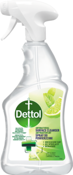 Dettol antybakteryjny spray do powierzchni Limonka i Mięta, w przezroczystej butelce z zieloną etykietą, widok z przodu.