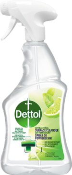 Dettol antybakteryjny spray do powierzchni Limonka i Mięta, w przezroczystej butelce z zieloną etykietą, widok z przodu.