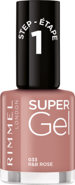 Rimmel Super Gel lakier do paznokci 033 R&B Rose, butelka w odcieniu brudnego różu, napis "STEP 1".