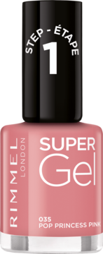 Rimmel Super Gel, różowy lakier do paznokci Pop Princess Pink w szklanej butelce z czarną nakrętką, widok z przodu.