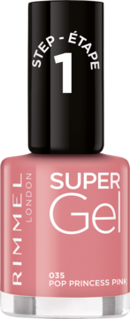 Rimmel Super Gel, różowy lakier do paznokci Pop Princess Pink w szklanej butelce z czarną nakrętką, widok z przodu.