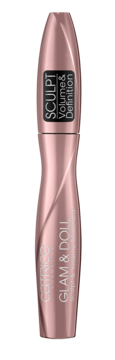 Mascara Catrice Glam & Doll Sculpt & Volume, błyszcząca butelka rose gold z falistym wzorem, widok z przodu.