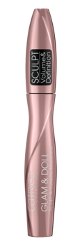 Mascara Catrice Glam & Doll Sculpt & Volume, błyszcząca butelka rose gold z falistym wzorem, widok z przodu.