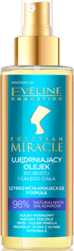 Eveline Egyptian Miracle ujędrniający olejek do biustu i ciała, złoto-turkusowa butelka z atomizerem.