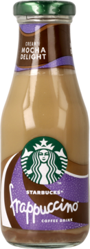 Starbucks Frappuccino Creamy Mocha Delight, mleczny napój kawowy w butelce, zielona nakrętka, widok z przodu.