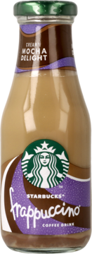 Starbucks Frappuccino Creamy Mocha Delight, mleczny napój kawowy w butelce, zielona nakrętka, widok z przodu.