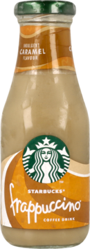 Starbucks Frappuccino Caramel, mleczny napój kawowy 250ml, butelka z zielonym logo i etykietą, widok z przodu.