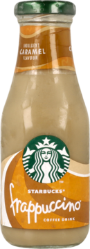 Starbucks Frappuccino Caramel, mleczny napój kawowy 250ml, butelka z zielonym logo i etykietą, widok z przodu.