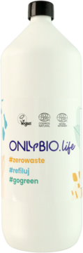 Biała butelka Onlybio 1250 ml z czarnym korkiem, widok z przodu. Etykieta z hashtagami #zerowaste #refiluj #gogreen.