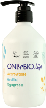 Biała butelka Onlybio.life 500ml z czarną pompką, certyfikowana, z hasłami #zerowaste, widok z przodu.