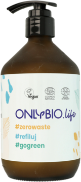 Brązowa szklana butelka OnlyBio.life 500 ml z pompką, widok z przodu, hasła #zerowaste #refiluj #gogreen.