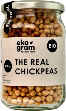 Słoik Eko Gram The Real Chickpeas, ekologiczna ciecierzyca BIO 450g w przezroczystym szkle, widok z przodu.