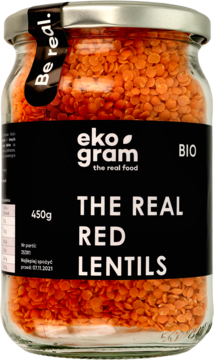 Organiczna czerwona soczewica Eko Gram w szklanym słoiku 450g, z czarną etykietą i białymi literami.