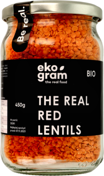 Organiczna czerwona soczewica Eko Gram w szklanym słoiku 450g, z czarną etykietą i białymi literami.