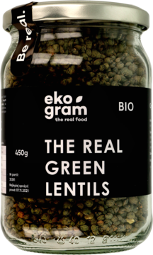 Szklany słoik Eko gram z zieloną soczewicą "The Real", czarna etykieta, widok z przodu, 450g.