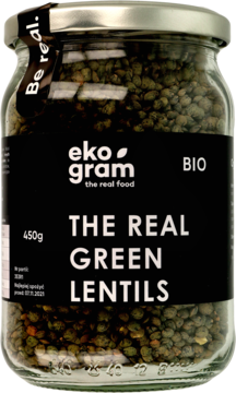 Szklany słoik Eko gram z zieloną soczewicą "The Real", czarna etykieta, widok z przodu, 450g.