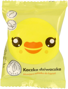 Żółta musująca tabletka do kąpieli Kaczka dziwaczka w kształcie głowy kaczki, w żółtym opakowaniu, widok z przodu.