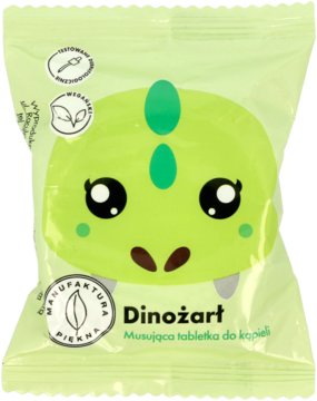 Zielona saszetka Dinożart, owocowa musująca tabletka do kąpieli z grafiką uśmiechniętego dinozaura, widok z przodu.