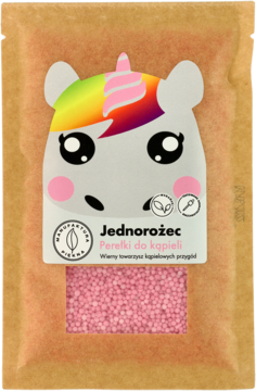 Jednorożec Perełki do kąpieli, różowe, malinowe, w brązowej saszetce z tęczowym jednorożcem, widok z przodu.