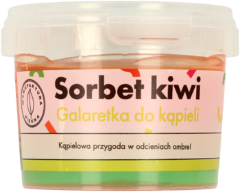 Galaretka do kąpieli Sorbet kiwi w przezroczystym pojemniku z białym wieczkiem, widok z przodu. Ombre w odcieniach różu i zieleni.