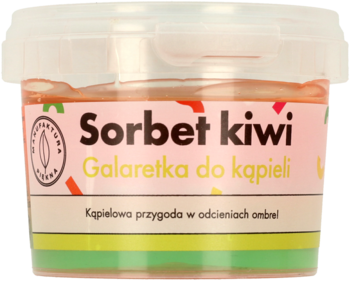 Galaretka do kąpieli Sorbet kiwi w przezroczystym pojemniku z białym wieczkiem, widok z przodu. Ombre w odcieniach różu i zieleni.