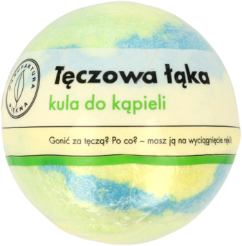 Kolorowa kula do kąpieli Tęczowa łąka w żółto-błękitne wzory, z białą etykietą, widok z przodu.