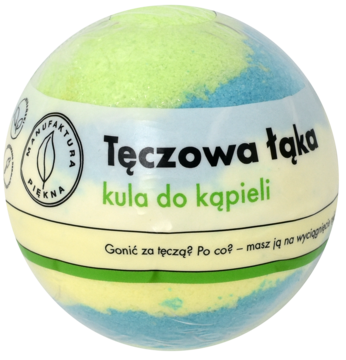 Kula do kąpieli 'Tęczowa łąka' w barwach zieleni, błękitu i kremu, z napisem na etykiecie, widok z przodu.