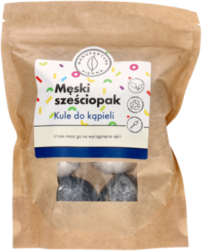 Brązowa torba z kulami do kąpieli Męski sześciopak, widoczne biała i ciemna kula przez okienko.