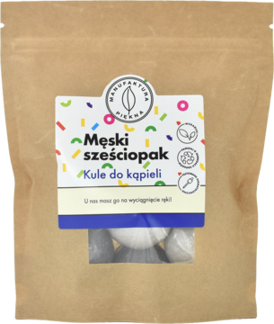 Brązowa torebka 'Męski sześciopak - Kule do kąpieli' z kolorową etykietą, przezroczystym okienkiem i kulami.