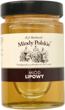 Słoik złocistego miodu lipowego Miodu Polskie, widok z przodu, przezroczyste szkło, czarna zakrętka.