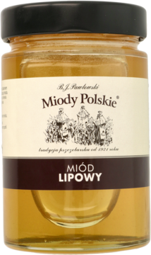 Słoik złocistego miodu lipowego Miodu Polskie, widok z przodu, przezroczyste szkło, czarna zakrętka.