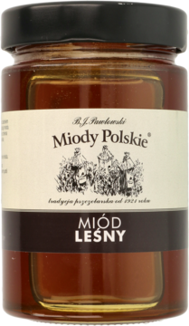 Miód nektarowo-spadziowy leśny B.J. Pawłowski w szklanym słoiku, bursztynowy, widok z przodu.