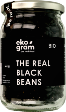 Fasola czarna eko gram BIO w szklanym słoiku z czarną etykietą, widok z przodu, z napisem Be real.