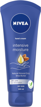 Niebieska tubka Nivea Intensive Moisture krem do rąk z olejkiem migdałowym, 100 ml, widok z przodu.