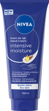Niebieska tubka NIVEA Intensive Moisture Hand Cream 100ml dla suchej skóry, widok z przodu.
