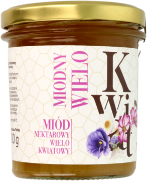 Słoik 400g polskiego miodu nektarowego wielokwiatowego, widok z przodu, etykieta w plaster miodu, kwiaty.