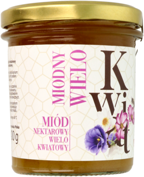 Słoik 400g polskiego miodu nektarowego wielokwiatowego, widok z przodu, etykieta w plaster miodu, kwiaty.