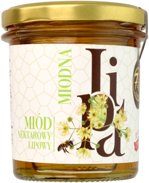 Szklany słoik miodu lipowego 7MK 400g, etykieta z motywem kwiatów lipy i pszczoły, widok z przodu.