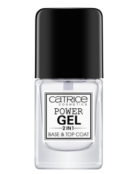 Pionowa butelka Catrice Power Gel 2w1 Base & Top Coat, przeźroczysta, z czarną nakrętką, widok z przodu.