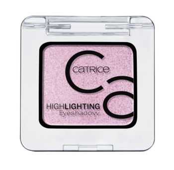 Catrice rozświetlający cień do powiek w jasnoróżowym odcieniu, w kwadratowym opakowaniu, widok z góry.