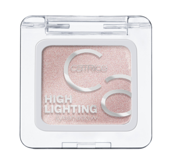 Catrice High Lighting Eyeshadow: różowy, rozświetlający cień pudrowy w przezroczystym kwadratowym kompakcie, widok z przodu.