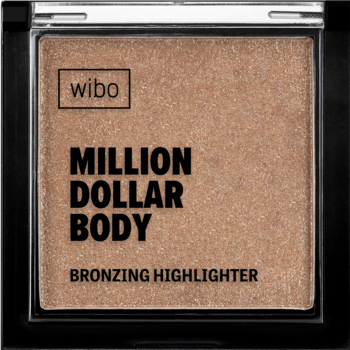 Wibo Million Dollar Body bronzing highlighter w czarnym, kwadratowym kompakcie, z błyszczącym, miedzianym pudrem.