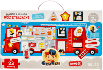 Czuczu puzzle Wóz Strażacki z dziurką dla dzieci 2+, widok z przodu pudełka z czerwoną ciężarówką.