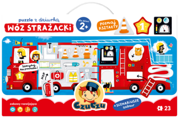 Pudełko puzzli Czuczu Wóz Strażacki, czerwono-białe, z ilustracją pojazdu i narzędziami, dla dzieci 2+.