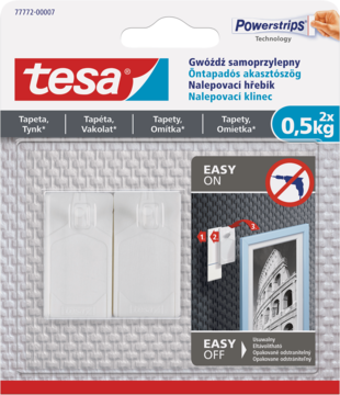 Tesa Powerstrips Technology: dwa białe samoprzylepne gwoździe 0.5kg do tapet, tynków, w blistrze.
